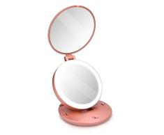 Navaris Espejo de Maquillaje con luz LED - Espejo de Aumento x5 con iluminación - Espejo de Bolsillo depilación y Limpieza Facial en Rosa Dorado Mate