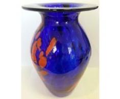 Jarron grande bulbosa de piso de vidrio coloreado, florero, vaso jarrón de cristal soplado a boca, en el colour azul y naranja altura 24 cm disenado y fabricado por Oberstdorfer Glasdhütte