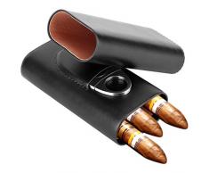 Garosa Estuche De Cuero Portátil para Viaje Cigarros De Cedro Forrado De Madera Humos para Fumadores De Cigarros 3 Tubos con Cortador De Cigarros De Acero Inoxidable Soporte De Cortador(Negro)