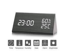 Despertador, Higrómetro, Termómetro Digital, Brillo de 3 Niveles, Temperatura y Humedad, Reloj de Alarma de Grano de Madera, Año, Mes, Datos, 12/24 Horas, 3 Alarmas Programables