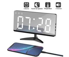 LED Despertador Digital Espejo Despertador Alarma Electrónico Reloj Despertador Moderno con USB Puerto, Función de Alarm/Memoria Automática, Modo de Bucle de Hora/Fecha/Temperatura/3 Brillo Ajustable