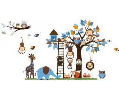 Bosque de monos de animal de la selva, la ardilla y el juego de columpio búho en hojas de colores Tree Vinilos decorativos etiqueta de la pared (L201)