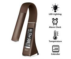 WILIT® U2 5W LED Lámpara de mesa moderna de negocios regulable con reloj despertador, calendario, indicador de temperatura y brazo tipo cuello de cisne, café