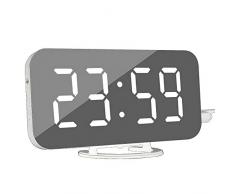 DollaTek Reloj de Alarma Digital - Reloj Despertador Moderno con Puerto USB Reloj con Espejo Digital El Mejor Reloj de Tiempo Decorativo para el Escritorio de la Mesa de Pared - Fuente Blanca