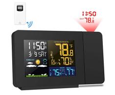 Kalawen Estacion Meteorologica Despertador Proyector con Reloj de Proyector Regulable con Doble Alarma Pantalla LCD Fecha Hora Día Feriale Temperatura Humedad