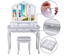 SONGMICS Mesa Tocador para Maquillaje, Bucólico Blanco con Espejo Plegable, con Taburete y 4 Cajones RDT07W
