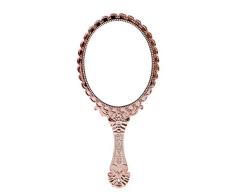 Ballylelly Espejo de maquillaje de mano vintage Rosa Repousse Floral Oval Redondo Cosmético Espejo de mano con mango para damas Aparador de belleza