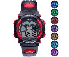 Reloj Digital para Niños,Niños Niñas 50M (5ATM) Impermeable 7 Colores LED Relojes Deportivos Multifuncionales para Exteriores con Alarma (Negro Rojo)