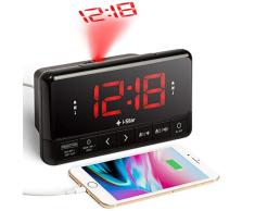 Despertador Proyector, Radio Reloj Despertador de Proyección Digital con Cargador USB, FM Radio, Pantalla LED Digital, Función Snooze
