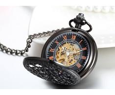 JewelryWe reloj de bolsillo mecánico negro números romanos hueco barroco retro vendimia, reloj de bolsillo hombre mujer