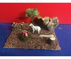 Paisaje, Belén con hoguera, oveja, algodón, bloque madera para figura Tamaño 9 – 12 cm. Belén accesorios para belén o Passion Paisaje