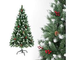 SunJas Árbol de Navidad Artificial Pino Material PVC, con Blanco Nevado, Frutos Rojos, Verdadera Piñas, Soporte de Metal, Arbol para Decoración Navideña (150cm, 400puntas)