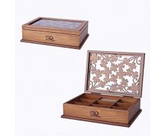SHKY Caja de joyero de madera con cajones Artesanal con tallas florales, caja de almacenamiento de joyería caja contenedor (D / E / F con conjunto de espejo de maquillaje) , E