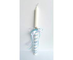 Vela bautizo niño de cera blanca, vela primera comunion,decorada con lazo color azul y flor .medida altura 35 cm.