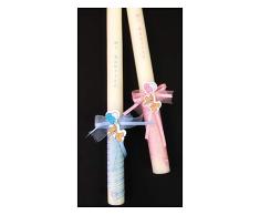 Vela de bautizo. Decoradas con cinta en espiral y un lacito con perla y un osito colgado de globos - medidas 30x2 cm