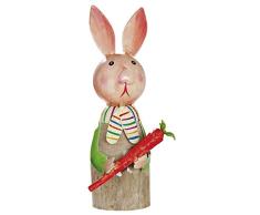 dekojohnson Figura Decorativa de Conejo de Pascua con Zanahoria de Madera y Metal, Figura de jardín, decoración de Pascua, Multicolor, de pie, 21 cm