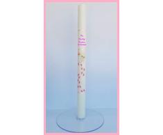 FIESTADEKOR Vela (CIRIO) para Bautizo DE Cera Blanca. Medida 3 x 40 CM Decorada EN Rosa con LOS Dibujos: PIECECITOS Y BEBÉ BIBERÓN (Personalizada)