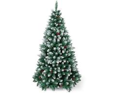 SunJas Árbol de Navidad Artificial Pino, Material PVC, Soporte Metal, Arbol Navideño Decoración con Blanco Nevado, Frutos Rojos, Piñas Verdaderas (180cm, 930puntas)