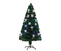 HOMCOM Árbol de Navidad Artificial Árboles de Abeto 150cm con Soporte Decoraciones Navideñas Copos de Nieve Fibra Óptica Brillante LED Multicolor Ignífugo