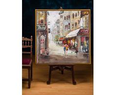 Cuadro al óleo original con marco - Cafetería en la ciudad - 104 x 104 cm