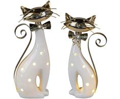 Lifestyle & More Escultura Moderna Figura Decorativa Gato Sentado 2 Piezas Incluyendo iluminación LED de cerámica/Metal Blanco/Oro Altura 27 cm