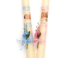 vela de bautizo foto y lazo 40x3 cm-PERSONALIZADA CON LA FOTO DEL BEBÉ EN ROSA O AZUL