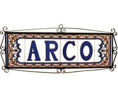 Letreros con numeros y letras en azulejo de ceramica policromada, pintados a mano en técnica cuerda seca para placas con nombres, direcciones y señaléctica. Texto personalizable. Diseño ARCO GRANDE 14,9 cm x 7,4 cm. (MARGEN "CENEFA")