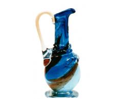 Jarra de cristal coloreado con asa, Jarron decorativo de vidrio soplado a boca en el colour azúl, beige, blanco de marmol, altura cerca 27 cm disenadon y fabricado por Oberstdorfer Glashütte