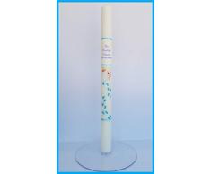 FIESTADEKOR Vela (CIRIO) para Bautizo DE Cera Blanca. Medida 3 x 40 CM Decorada EN Azul con LOS Dibujos: PIECECITOS Y BEBÉ BIBERÓN (Personalizada)