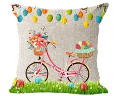 Feliz día de Pascua Bicicleta Huevo en la cesta Regalo de bendición de hierba verde Algodón Lino Cuadrado Throw Cintura Funda de almohada Funda de cojín decorativo Funda de almohada Sofá, 45X45 CM