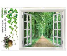 SODIAL(R) Pegatina de Pared Enorme Ventana 3D Vista Verde Flores Plantas Arte Mural