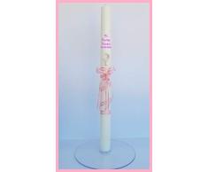 FIESTADEKOR Vela para Bautizo DE Cera Blanca. Medida 3 x 40CM Decorada con Lazo, Chupete Y CIGÜEÑA Adhesiva (Rosa Personalizada)