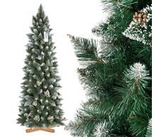 FAIRYTREES Árbol de Navidad artificial SLIM, Pino natural blanco nevado, material PVC, las verdaderas pi?as, el soporte en metal, 180cm, FT09-180