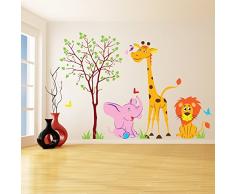 (120 x 84 cm) Vinilo de pared adhesivo de vinilo para niños de animales en un bosque/Art Home diseño de jirafa, diseño de León, diseño de elefantes de Vinilo/patrones de costura para la habitación de los niños de Vinilo