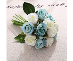 Mnfg 12 Rosas Pequeñas Tela De Seda De Alto Grado Flores Falsas Novia Fotografía De Boda DIY Ramo De Celebración Blanco + Azul