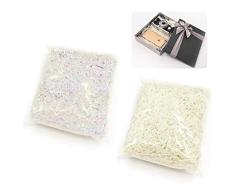 LANMOK 200g Papel de Rafia Hierba de Pascua Papel Triturado para Llenado de Cesta de Navidad Cestas de Huevos de Pascua o Embalaje de Regalo(100g blanco y 100g láser)
