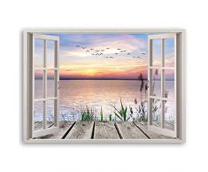 Feeby Cuadro de Pared XXL Paisaje Impresión Lienzo 3D Ventana Azúl 120x80 cm