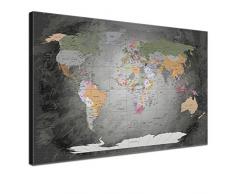 LanaKK® - mapamundi noble gris con corcho - versión Inglés, reproducción artística sobre lienzo premium en bastidor, tablón de notas para los trojoamundos, tamaño con bastidor tensado 120 x 80 cm, en una seccione