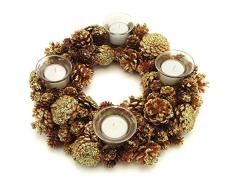 Corona de Adviento, Centro de Mesa Portavelas para decoración Navideña, Porta Vela Tea Light, Decoración de Navidad Navidad Romántico Rústico Shabby Chic - Piñas/Glitter - 33x33x8h - Oro