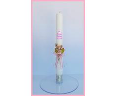 FIESTADEKOR Vela/Cirio para Bautizo de Cera Blanca Decorada con Pick Floral, Cinta y Lazo de Organza y remate de brillantitos Plateados en su Base. Medida 3x30cm. (Rosa Personalizada)