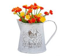 Florero Vintage de Metal 13,1cm - Mini Jarra Florero Estilo Francés – Jarra Shabby Chic con Asa - Cantaros Antiguos con Ave para Boda, Decoración del Hogar y oficina - Jarra Metal Decoracion