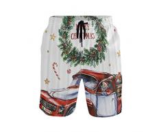 LISNIANY Bañador Hombre,Feliz Navidad Año Nuevo Navidad Santa On Car Festival y Dentro de Corona de Adviento,Natación Secado Rápido Malla Pantalones Imprimiendo Cortos(M)