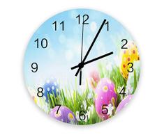 Coloridos huevos de pascua en hierba y flores bajo el sol Obra de arte Decoración del hogar Reloj de pared redondo Silencioso sin tictac Funciona con pilas para comedor Sala de estar Cocina Dormitorio