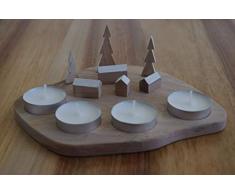 Bijoux Yali candelabro (Madera de Adviento - 4 Velas hervidor de Plana - Village Nevado - Escenario Navidad - Hecho a Mano Hecha a Mano