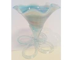 Candelabro en un pie decorativa de mesa de cristal coloreado, candelabro en cristal soplado boca de colour turquesa blanco de mármol para velas altura 13 cm disenado y fabricado por Oberstdorfer Glashütte