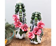 Juego de velas blancas talladas en verde con flores rosadas para la decoración del hogar y un regalo para el día de la madre, Navidad y Semana Santa - Velas de lujo hechas a mano grandes