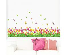 Sticker4U - Pegatinas para decoración de pared de flores con mariposas y tulipanes, un trozo natural multicolor, cenefa adhesiva removible para pared, longitud: 140 cm.