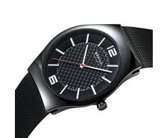 Bering Ceramic - Reloj analógico de caballero de cuarzo con correa de acero inoxidable negra - sumergible a 30 metros