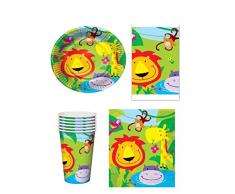 Set de fiesta para 16 comensales infantiles con diseño de animales de la jungla, incluye 16 vasos, 16 platos, 16 servilletas y 1 mantel
