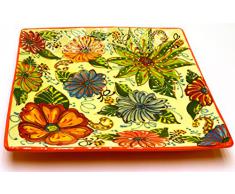 PLATO CUADRADO 30X30 en ceramica hecho y pintado a mano con decoración flor. 30 cm x 30 cm (NARANJA)